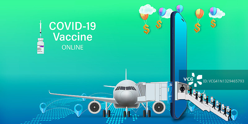 手机应用上的疫苗、网上或智能手机上的Covid-19疫苗作为保护、医疗理念、矢量插图。图片素材