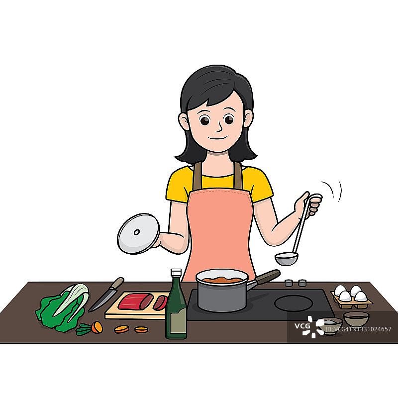 彩色矢量插图的儿童活动着色书页与图片的妇女做家务做饭。图片素材