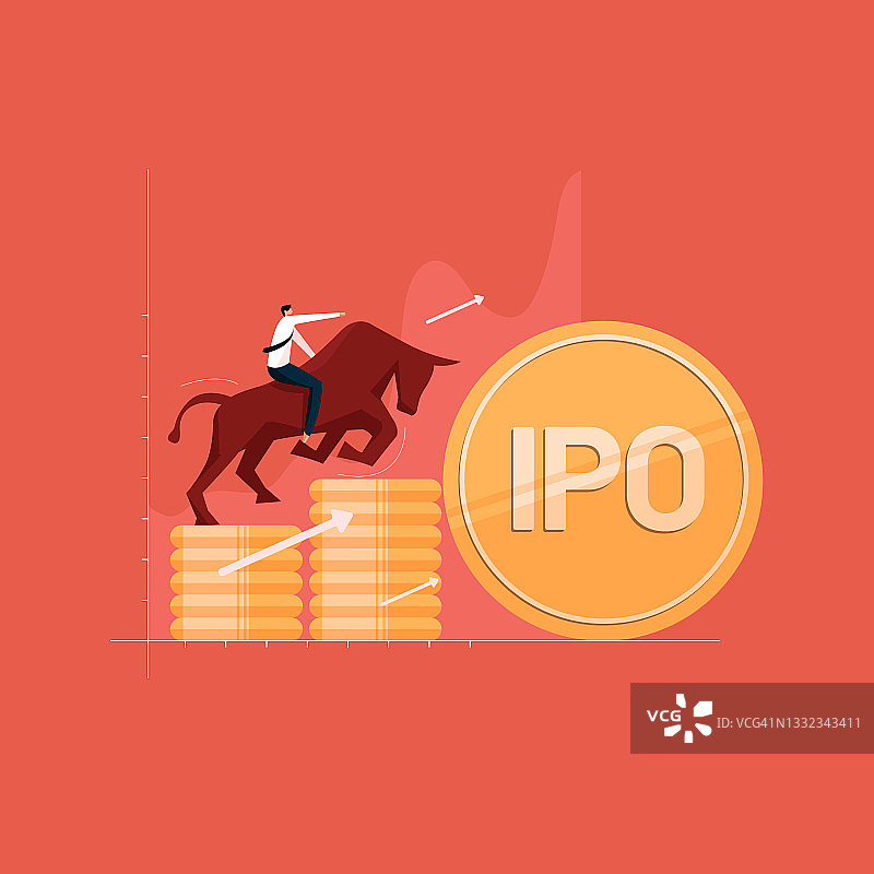 有首次公开募股(IPO)概念的商人，不断增长的股票市场份额，牛市与股票市场价格图片素材