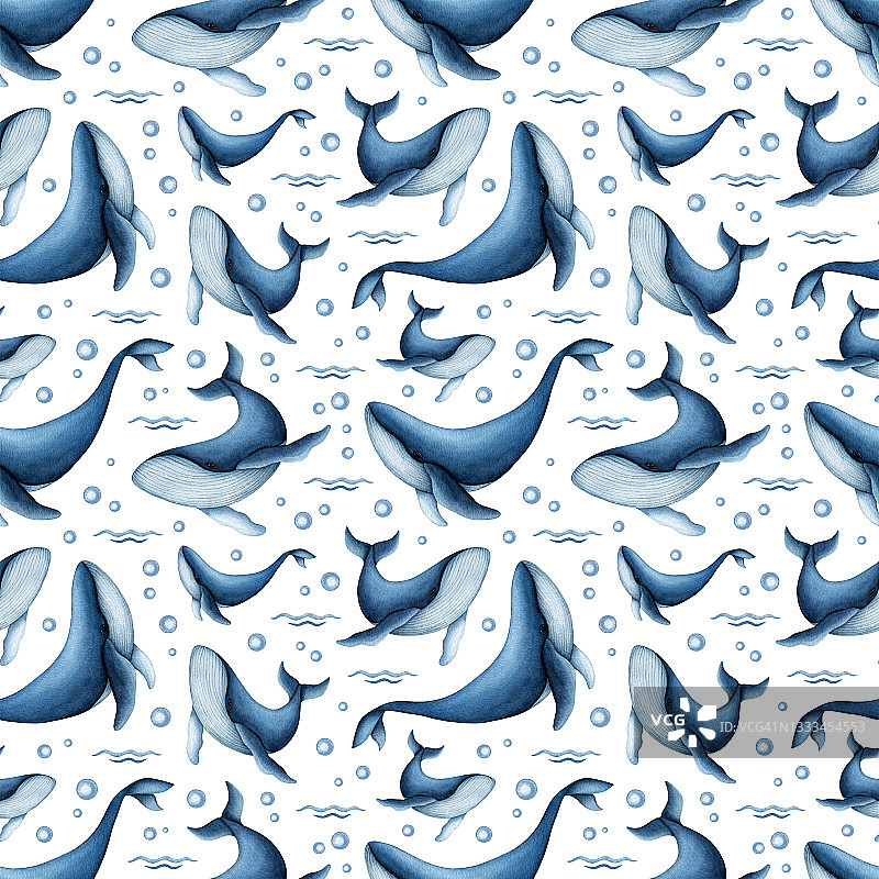 水彩蓝鲸无缝模式。手绘海洋生物插图。海洋野生水下动物，海浪，泡沫。海洋背景设计可爱的孩子印花图片素材