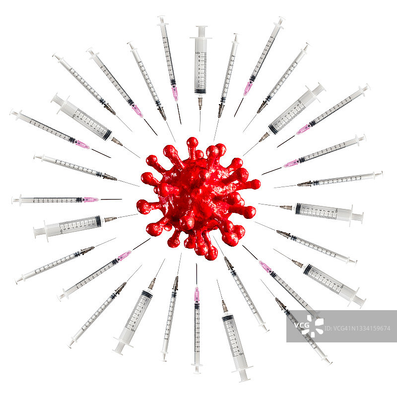 疫苗注射器抗击和攻击新型冠状病毒微生物的概念图片素材