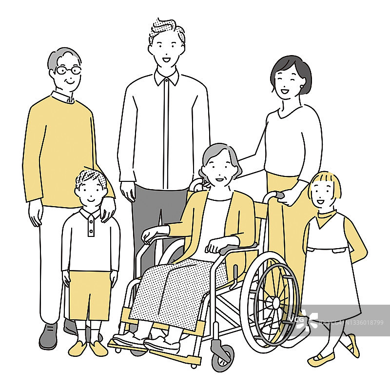 一个微笑的家庭和坐在轮椅上的祖母的插图图片素材
