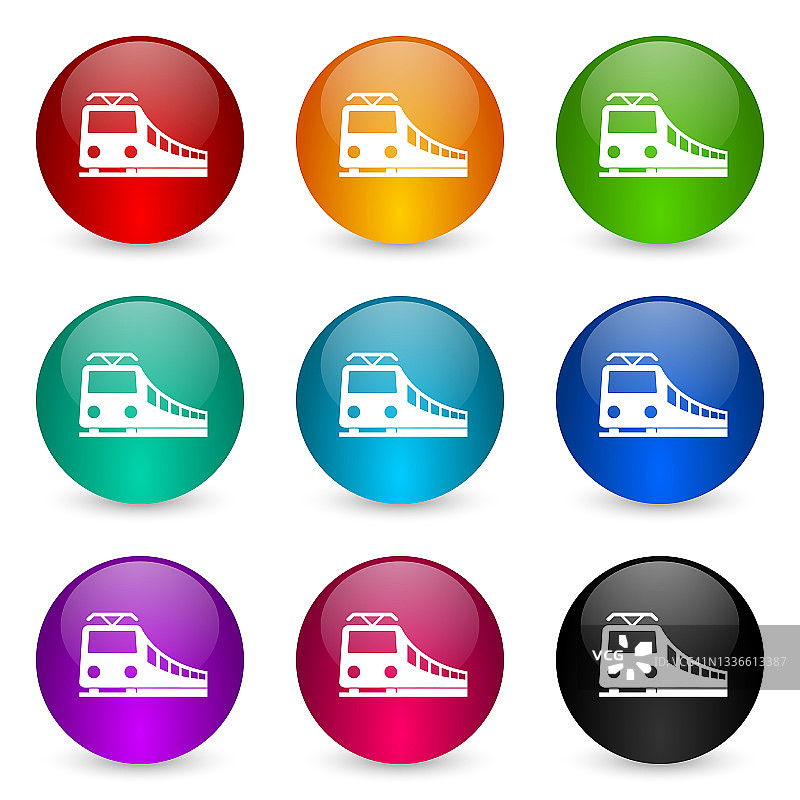 火车，铁路，交通图标集，彩色光泽3d渲染球按钮9个颜色选项的网页设计和移动应用程序图片素材