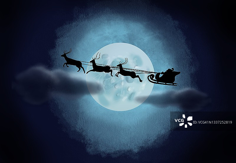 飞行的圣诞老人和鹿的剪影图片素材