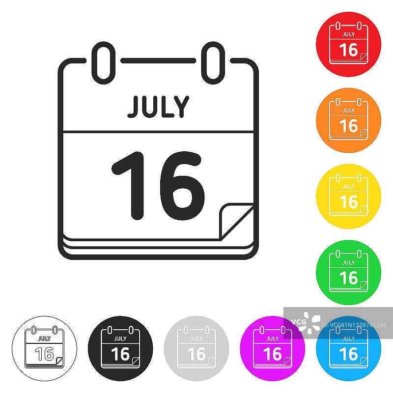 7月16日。按钮上不同颜色的平面图标图片素材