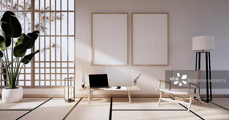 沙发家具和现代房间设计的最小模型。三维渲染图片素材