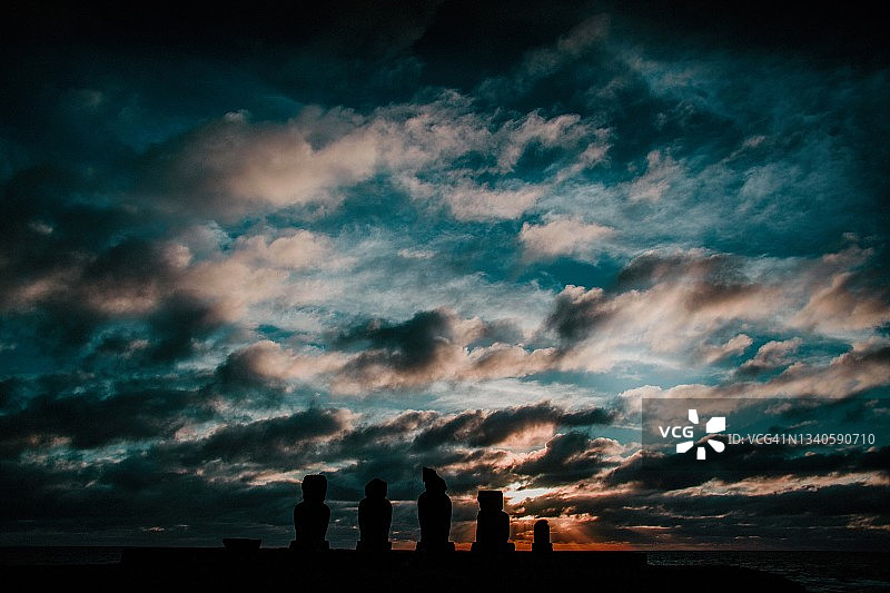 在智利复活节岛，莫埃斯在日落与爆炸云的剪影图片素材