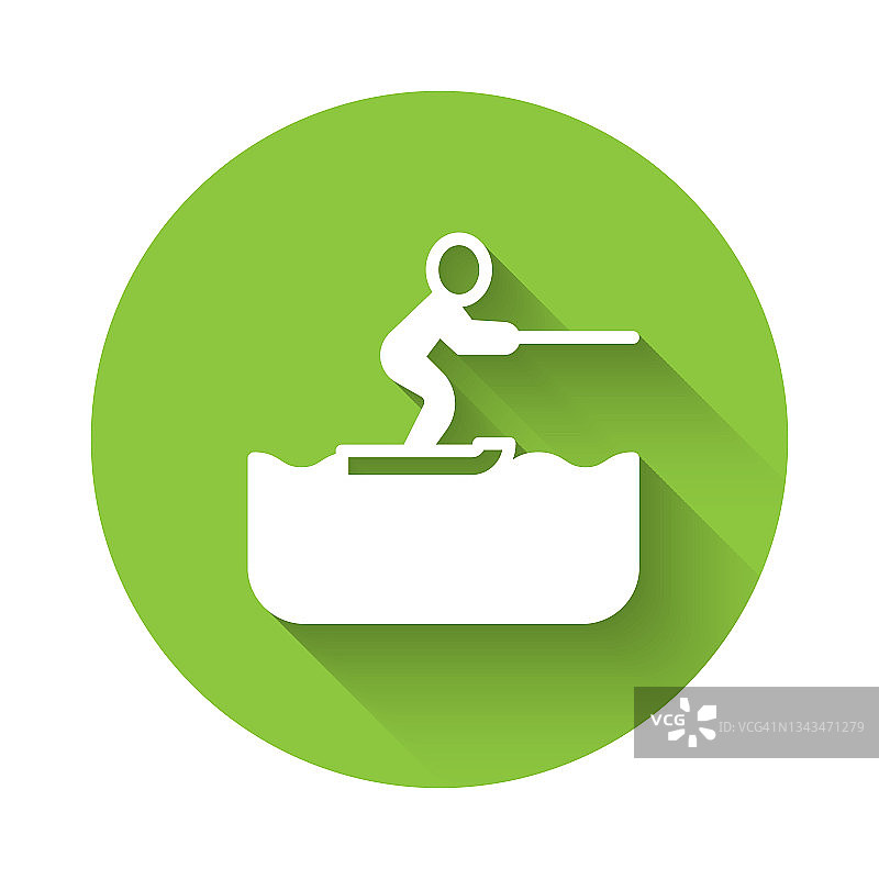 白水滑雪男子图标孤立与长阴影背景。绿色圆圈按钮。向量图片素材