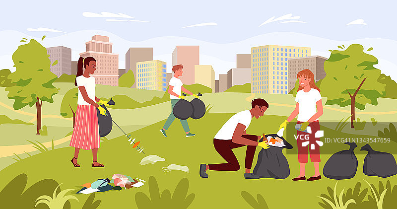 人们清洁肮脏的城市公园，拯救自然，拯救生态，年轻的志愿者团队工作图片素材