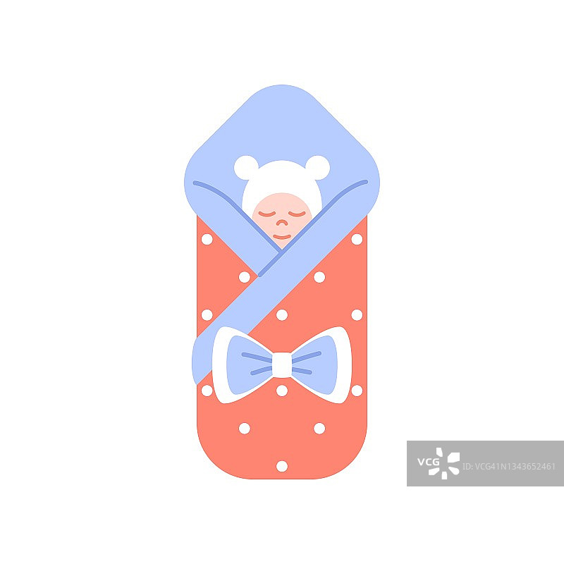 睡觉的婴儿平面图标孤立在白色背景。可爱的新生小男孩或女孩，穿着毯子，系着蝴蝶结。生日卡片装饰婴儿淋浴设计蓝色粉红色粉彩矢量插图图片素材