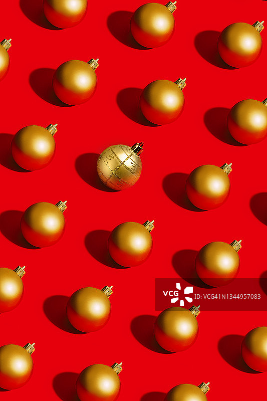 金色圣诞球红色背景。图片素材