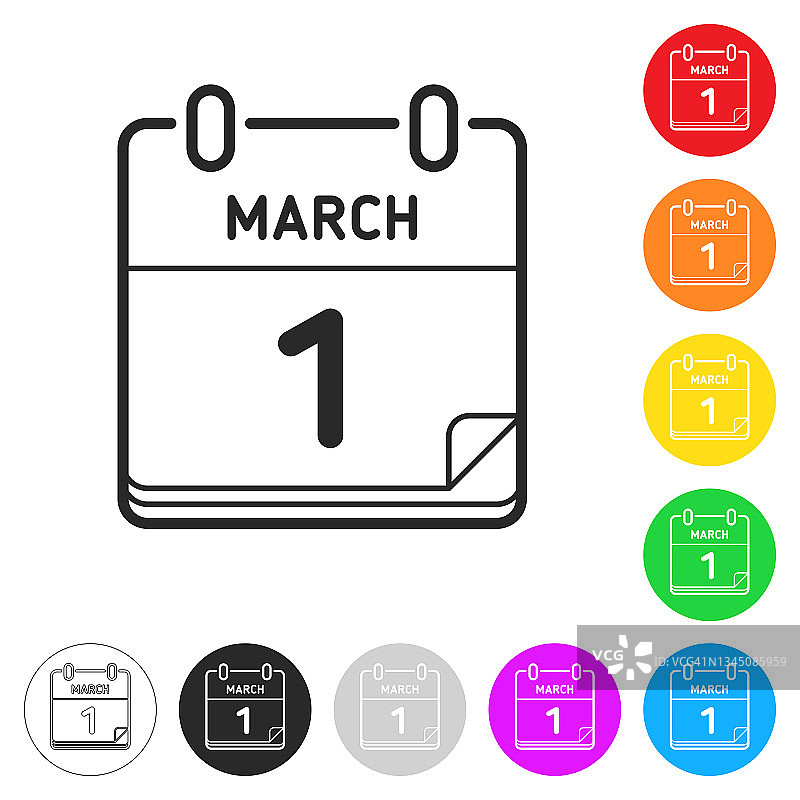 3月1日。按钮上不同颜色的平面图标图片素材