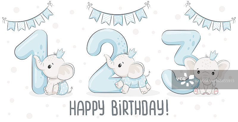 收集可爱的小象男孩“生日快乐，1、2、3岁”。矢量插图的一个卡通。图片素材
