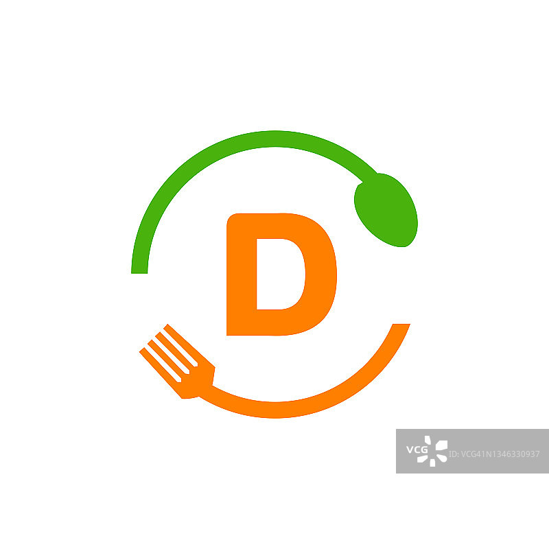 餐厅标志设计的字母D与勺子和叉子的概念模板。厨房工具，食物图标。采购产品烹饪标志，烧烤标志，烧烤叉与D字母向量图片素材