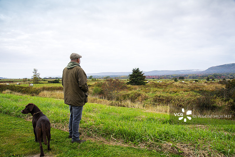 一个成熟的男人在一个秋天带着他的狗在乡下图片素材