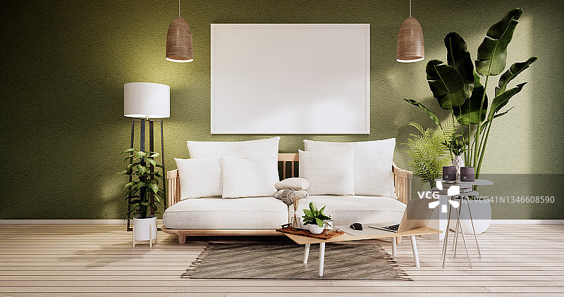 极简的室内设计，沙发家具和植物，现代的绿色房间设计。三维渲染图片素材