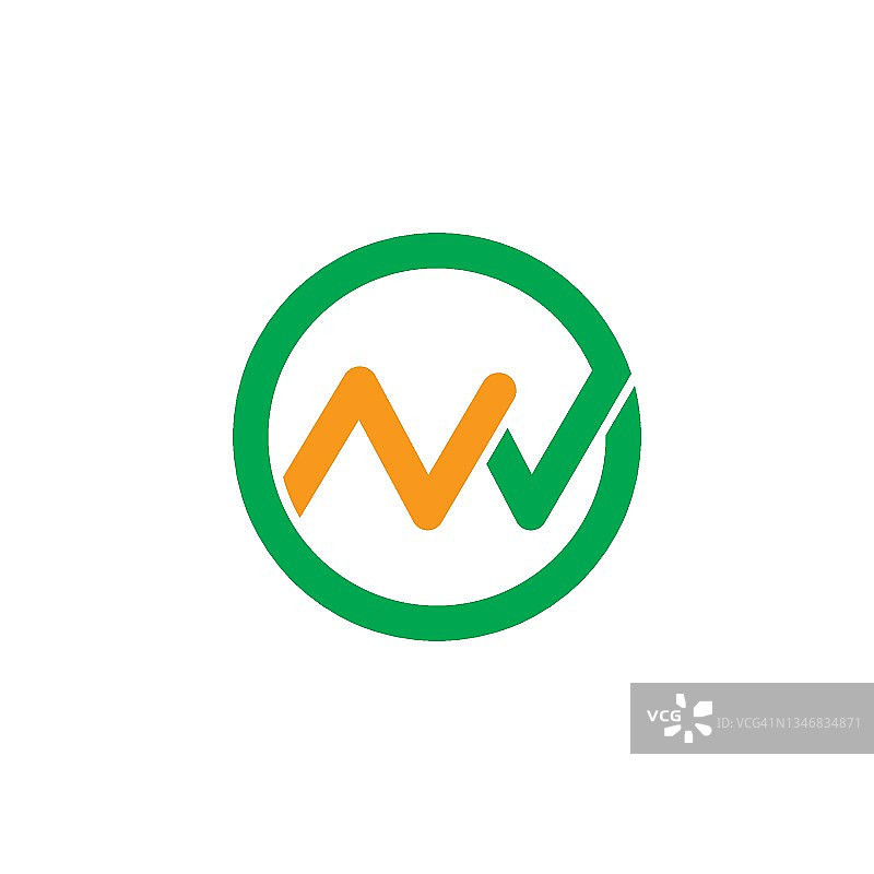 n字母绿色复选标记或nw字母圆形图标模板矢量插图设计图片素材