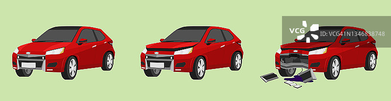 这辆红色轿车的状态从正常轿车到轻微损坏的轿车。图片素材