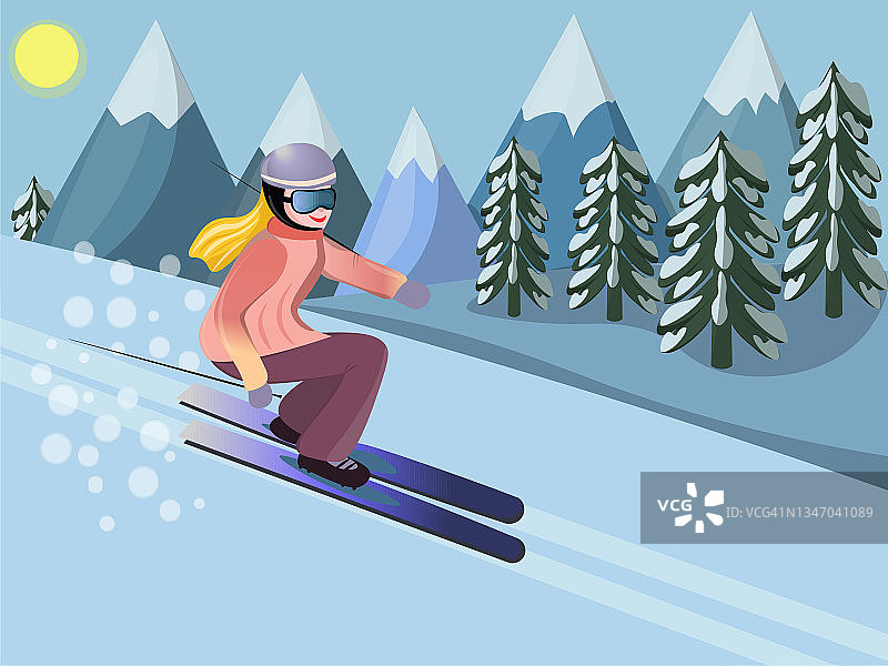 女人滑雪。冬季的山景。图片素材