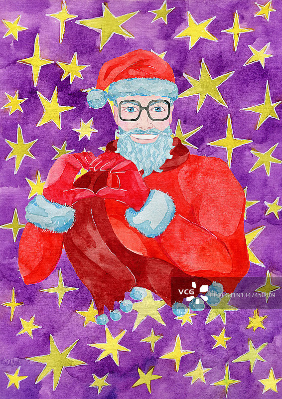 圣诞贺卡上有英俊的老人穿着圣诞老人的服装，显示她的象征，紫色的背景与星星。图片素材
