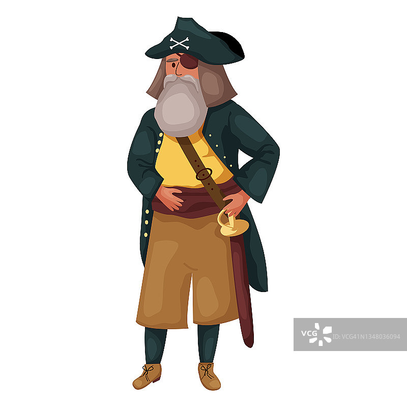 穿着西装，戴着三角帽，拿着一把剑的老海盗船长图片素材