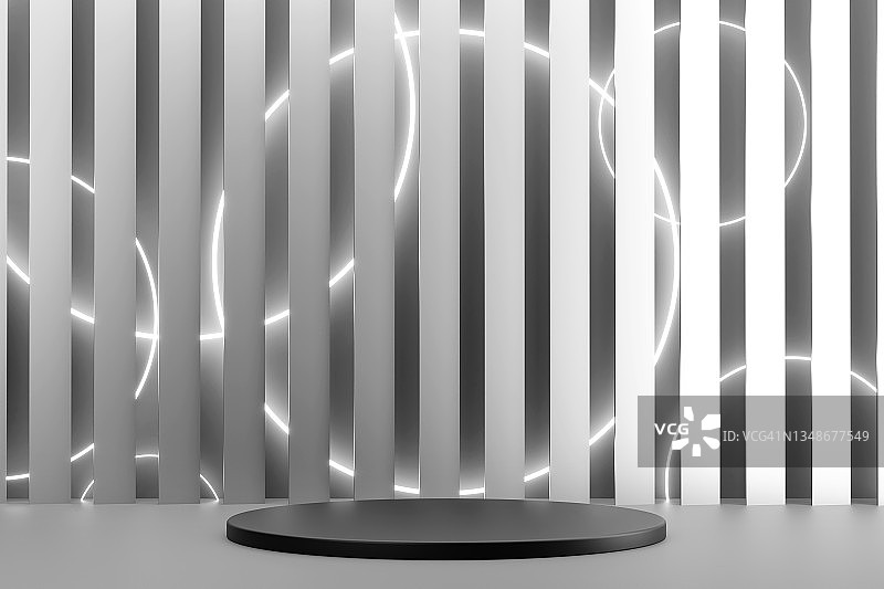 豪华圆形黑色讲台上抽象的条纹银色背景许多照明圈。完美的平台展示您的产品。三维演示图片素材