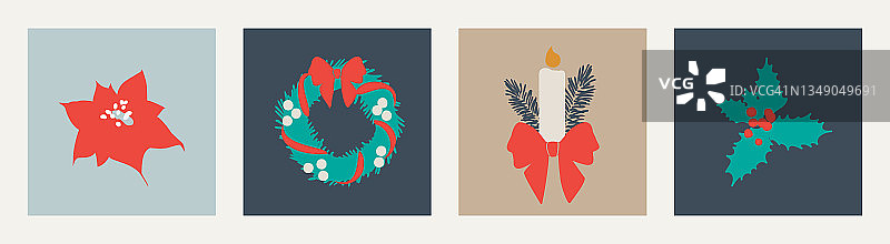 一品红、植物和鲜花、冬青浆果、带红色蝴蝶结的槲寄生、带冷杉枝和蝴蝶结的蜡烛。为新年设计的圣诞孤立的元素集。图片素材