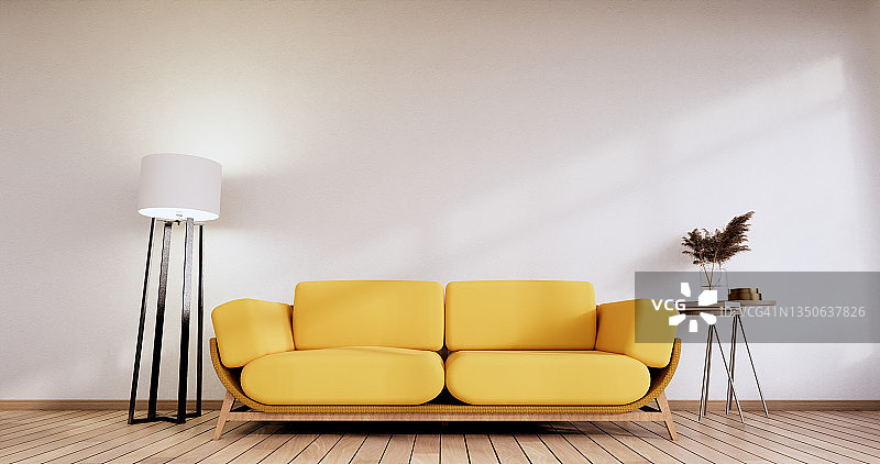 极简的室内设计，白色沙发家具和植物，现代的房间设计。三维渲染图片素材