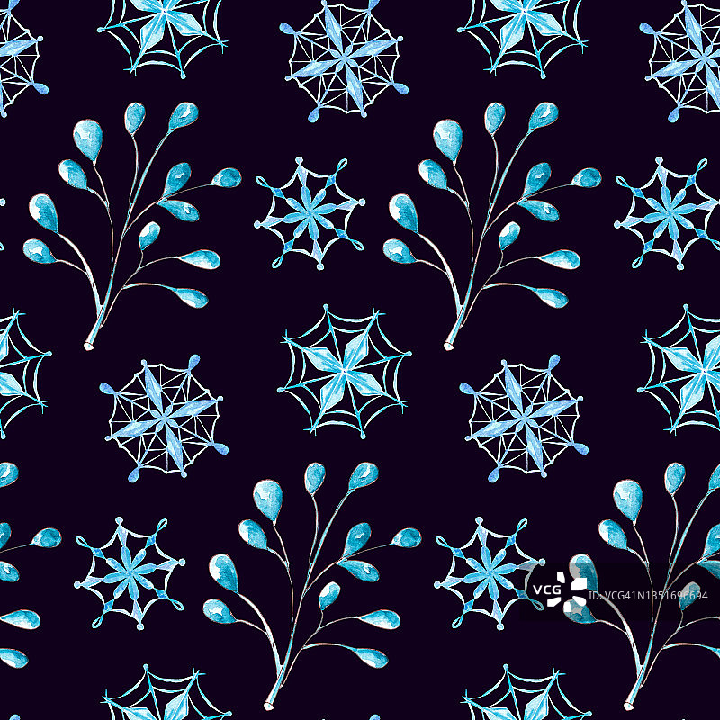 手绘水彩无缝模式与蓝色雪花。冬天的插图。图片素材