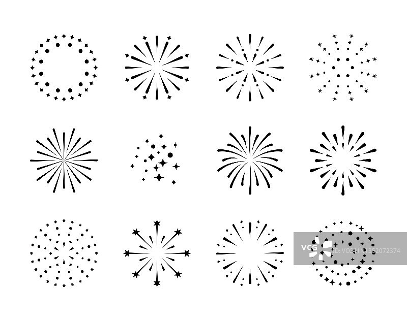 焰火。一套黑色爆竹图标为周年，新年，庆祝，节日。白色平面设计。图片素材