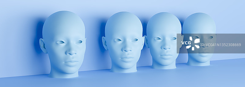3D蓝色人类头部在蓝色背景，非洲种族图片素材
