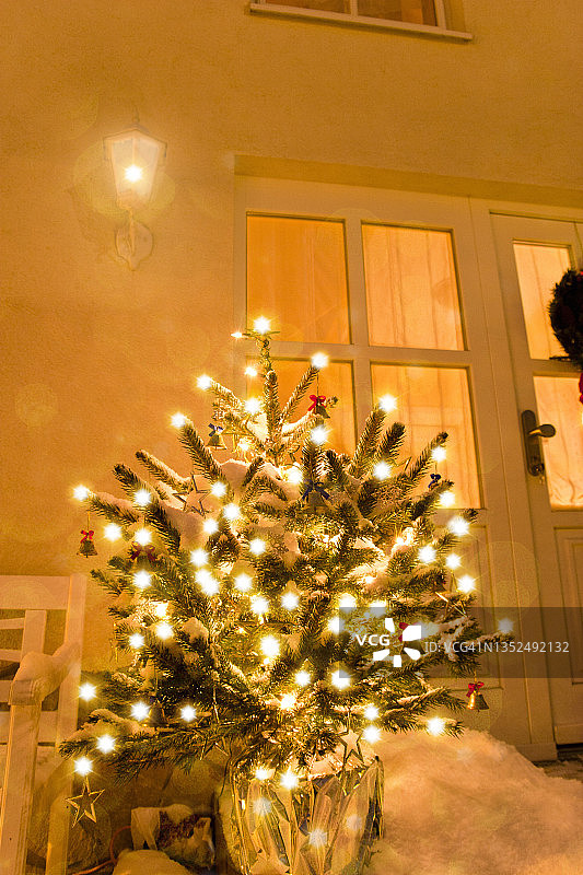 门阶上闪亮的圣诞树图片素材