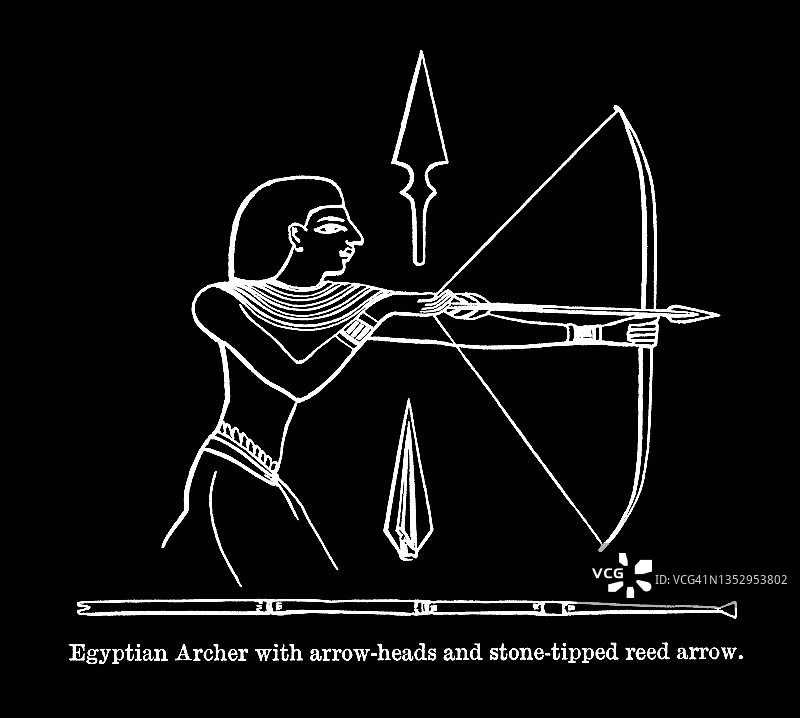 古雕刻插图的埃及弓箭手女巫箭头和石尖芦苇箭图片素材