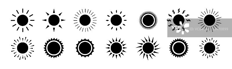 太阳图标集合。简单的黑色剪影标志夏天。气象web应用程序的标志设计模板。隔离在白色矢量插图eps 10图片素材