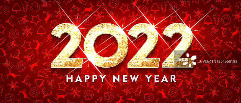 2022年新年快乐。金色贺卡设计。黄金闪光模式。新年快乐横幅与2022数字在明亮的背景。矢量图图片素材
