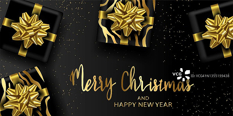 向量。圣诞快乐，新年快乐横旗。文字是金色的。现实的3d黑色礼品盒与黄金弓。虎纹是2022年的象征。从以上观点。打开礼品盒图片素材