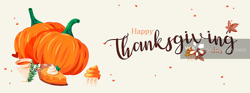 感恩节横幅节日背景与橙色的南瓜，秋天的叶子与可爱的甜点。水平假日海报网站头平顶视图矢量插图图片素材
