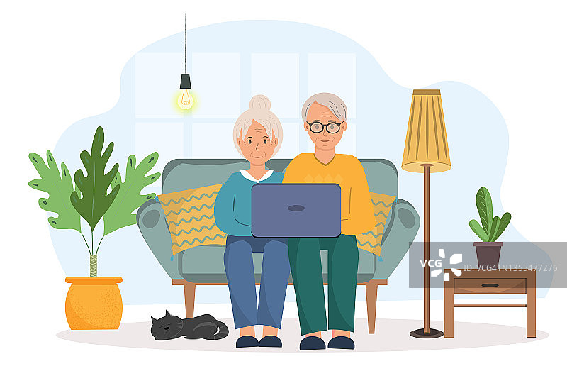 老夫妇通过在线视频电话与他们的家人聊天，呆在家里的概念，平面矢量插图图片素材