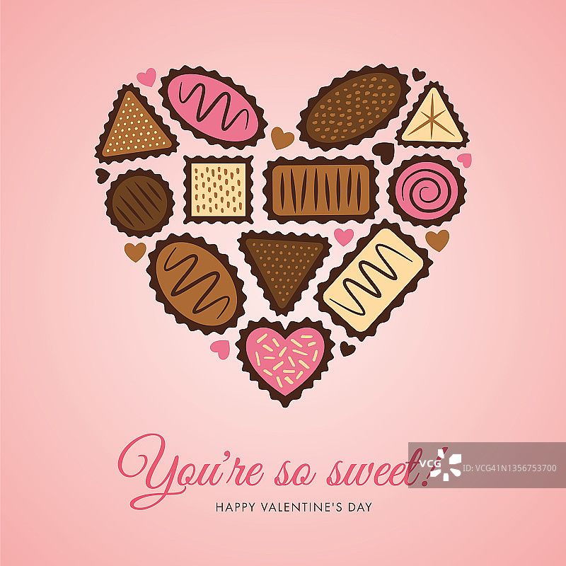 情人节贺卡模板。矢量插图组合巧克力糖果在粉红色的背景心形。图片素材