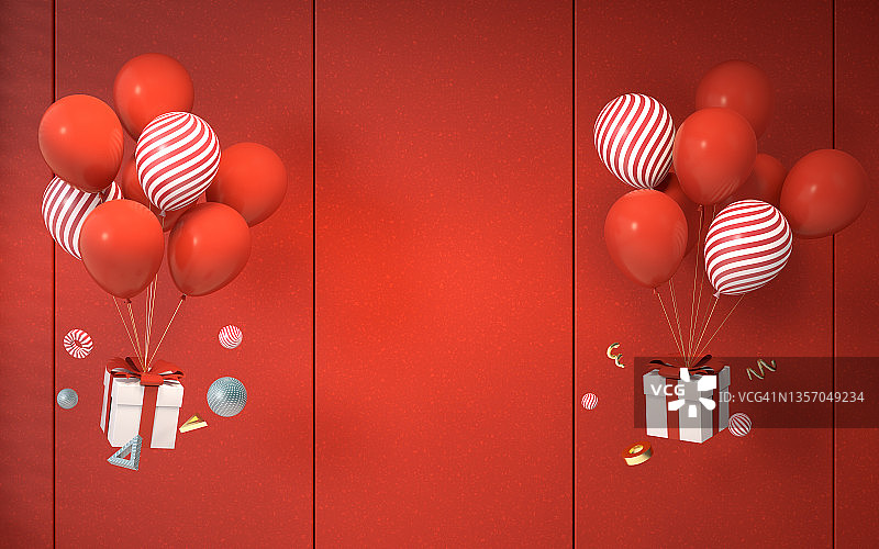 气球和红色背景礼品，3d渲染。图片素材