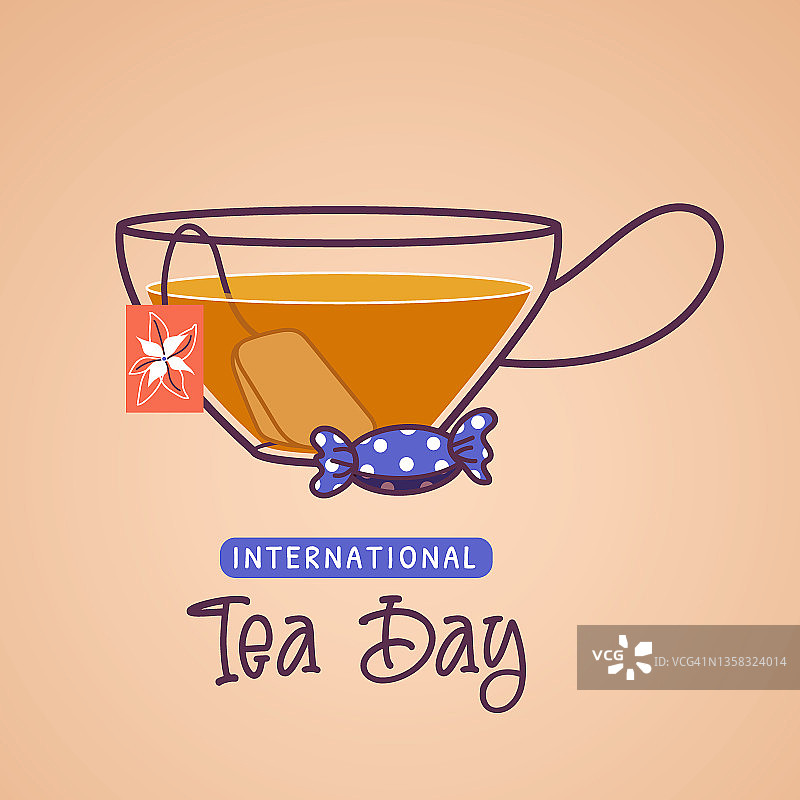 国际茶日矢量卡。茶杯与茶虫和糖果的米色背景。时髦的插图。12月15日图片素材