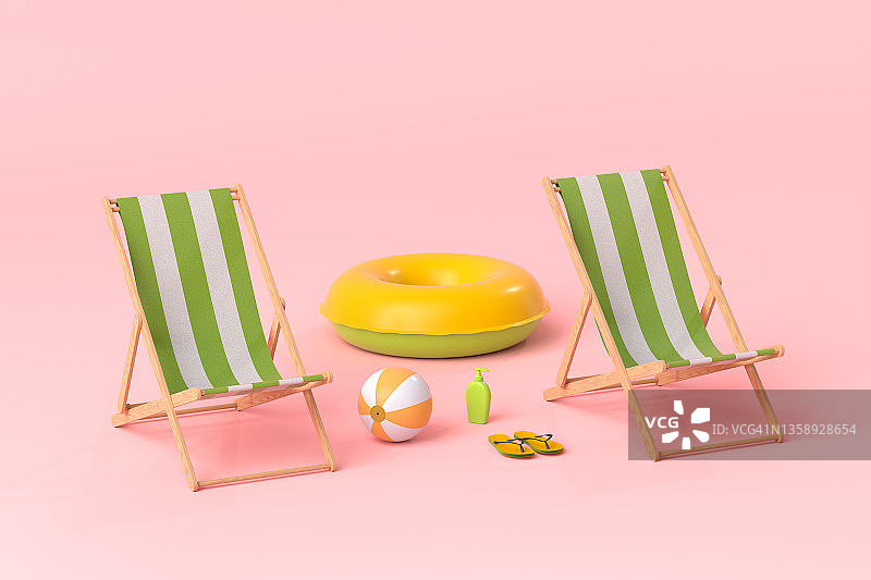沙滩椅与充气环和沙滩球在粉红色的背景。图片素材