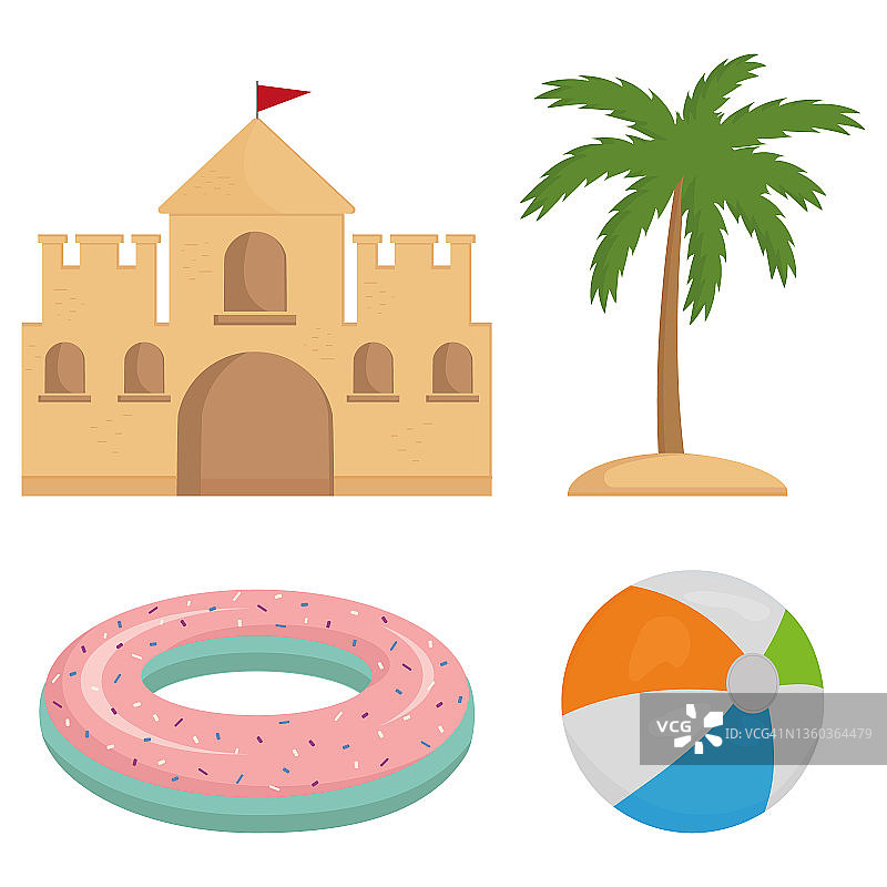 集沙堡，棕榈树，游泳圈和充气球玩，颜色矢量插图图片素材