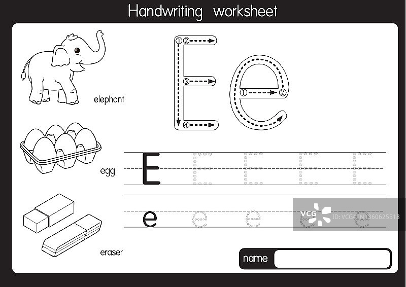 黑白矢量插图与字母E大写字母或大写字母的儿童学习练习ABC图片素材