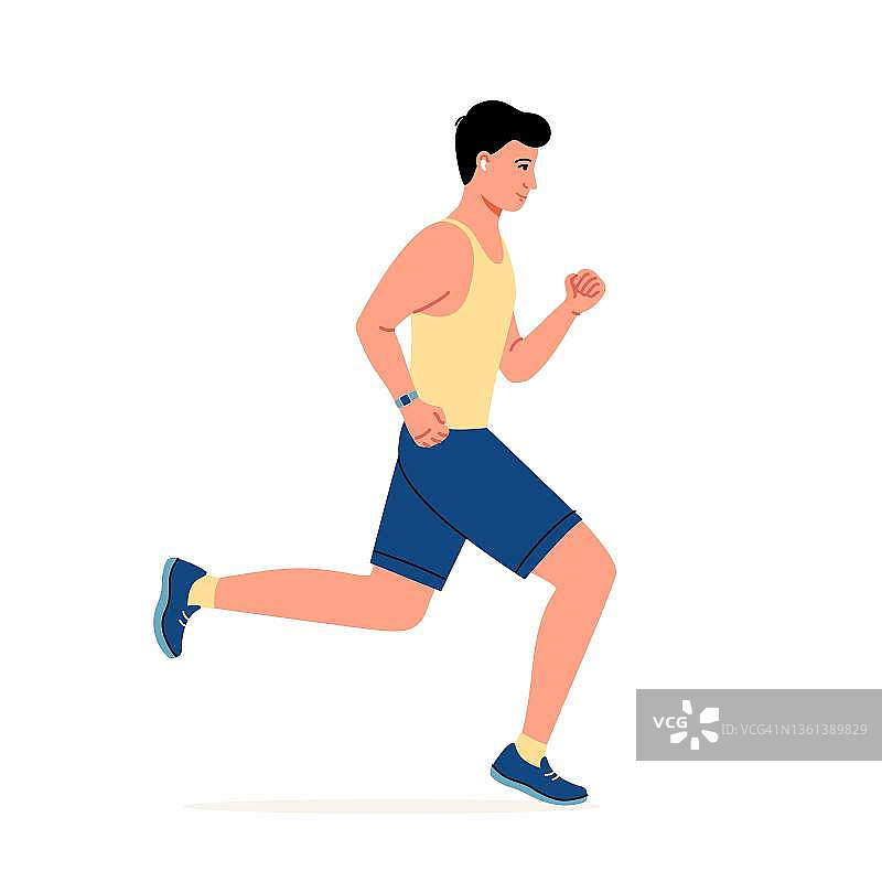 成年男子带着智能手表和耳机跑步或慢跑。图片素材