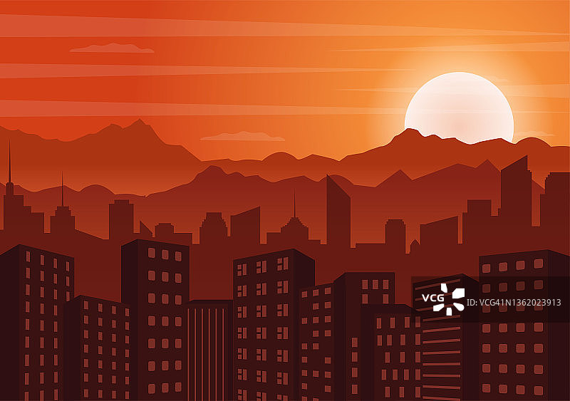 日落现代城市天际线景观与城镇建筑和城市景观天空的橙色天空在平面插图海报，横幅或背景图片素材