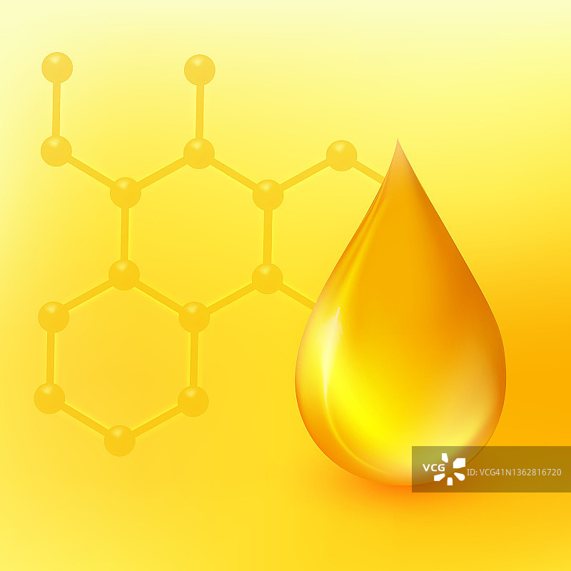 油滴矢量插图。逼真的3d液滴和dna分子符号孤立在黄色背景上。金色的胶原蛋白精华。工业和石油概念。ω- 3的标签。EPS10图片素材