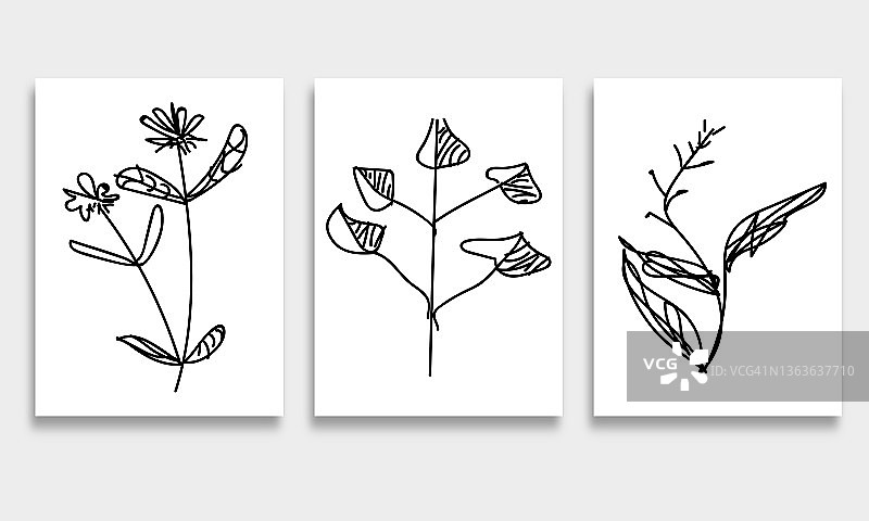 集手绘线条风格植物，涂鸦设计元素旗帜背景图片素材
