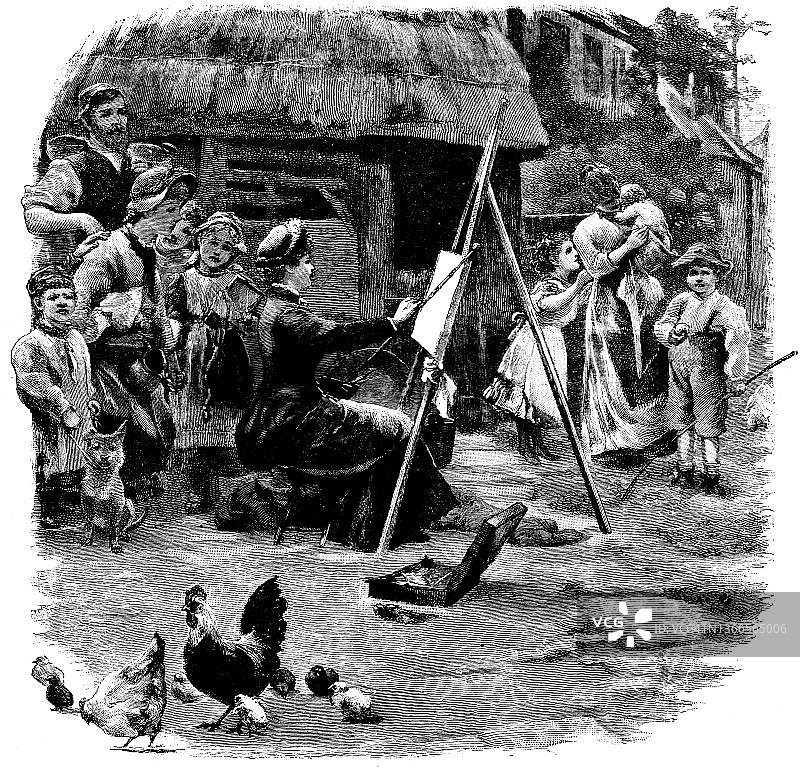 19世纪插图女画家绘画农村家庭;无文本白边框;我们自己的宪报1888图片素材