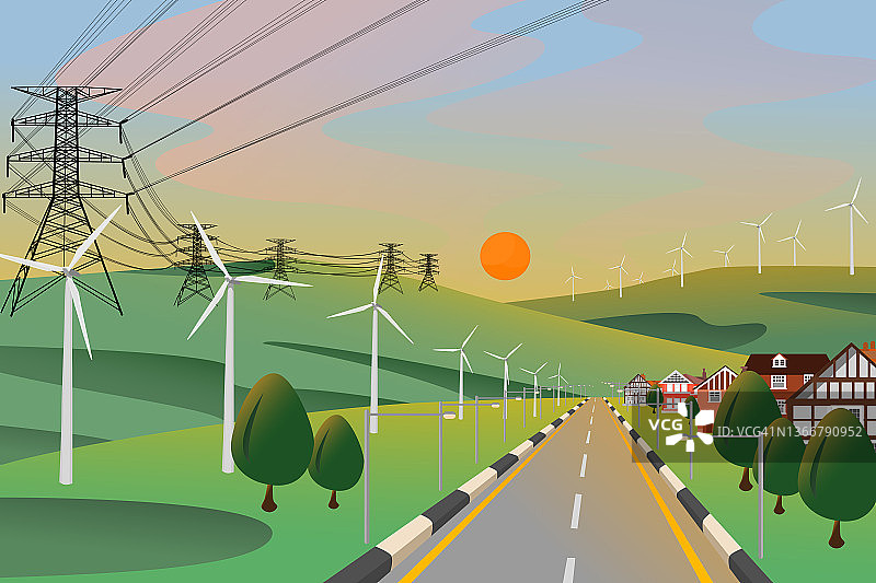 可持续能源的概念展示了山顶上的风力涡轮机农场，用高压电杆输送可再生能源的电力，供城市使用。图片素材